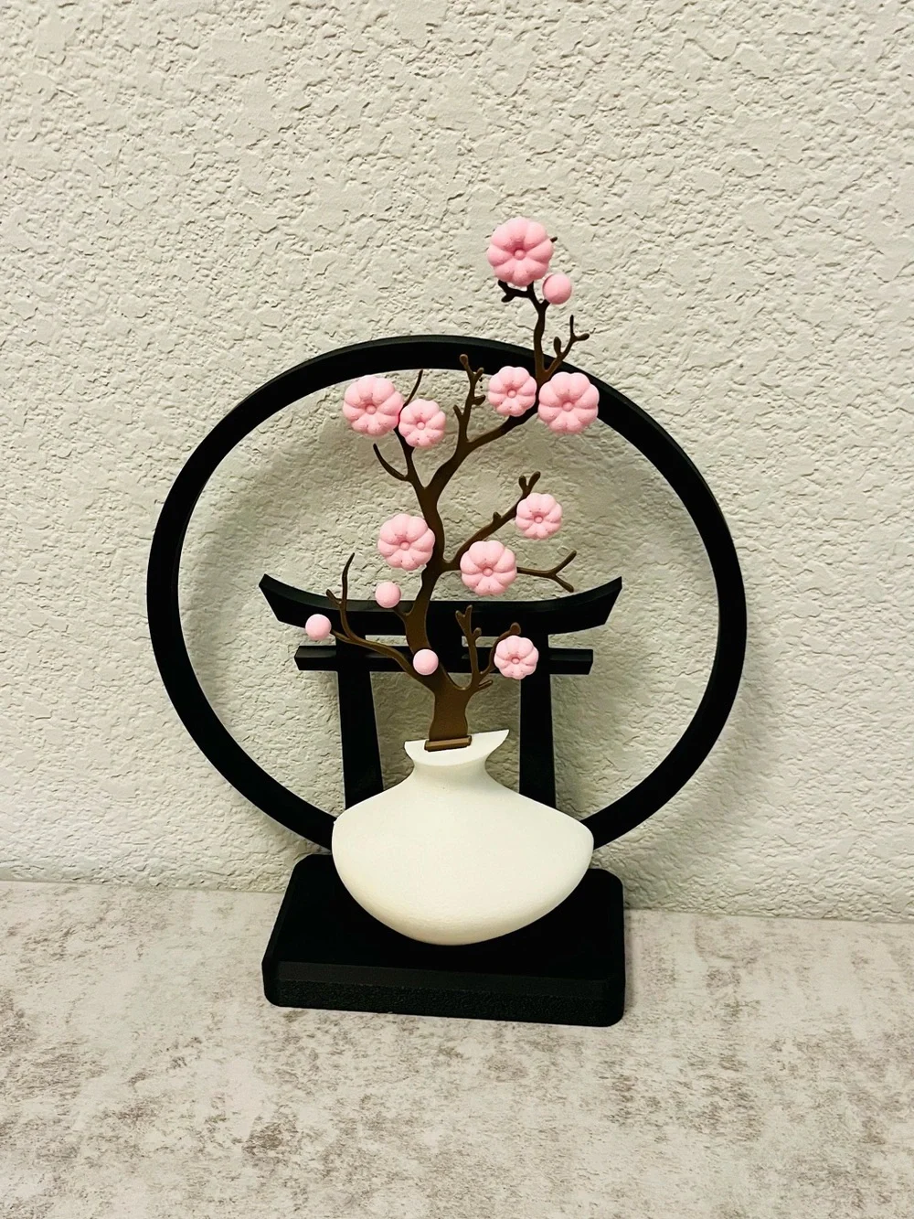 Decorative Cherry Blossom Vase Sculpture in Pink and Black
